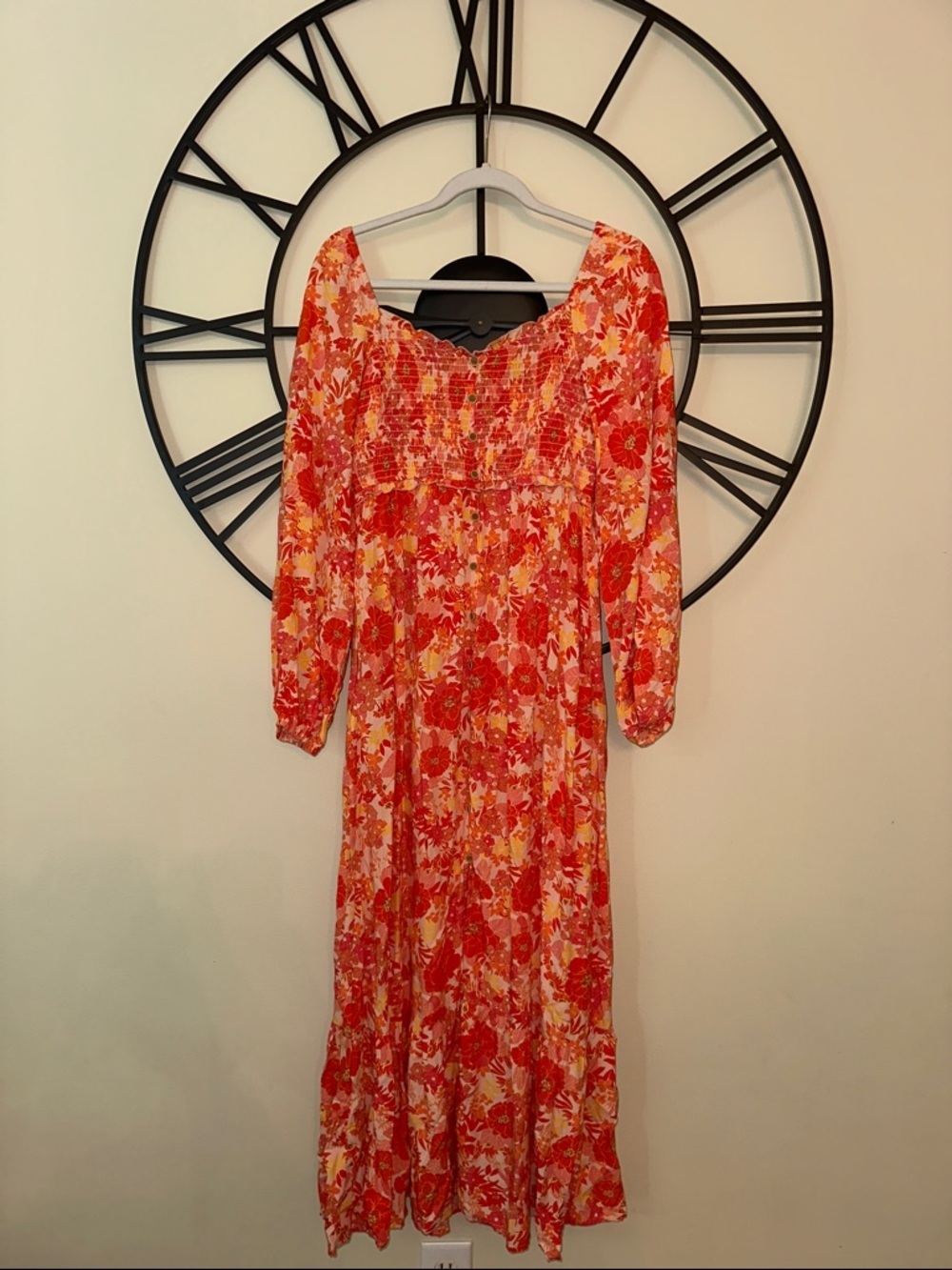 Floral Pink-orange Long Sleeve Maxi Dress beach maxi dress boho floral